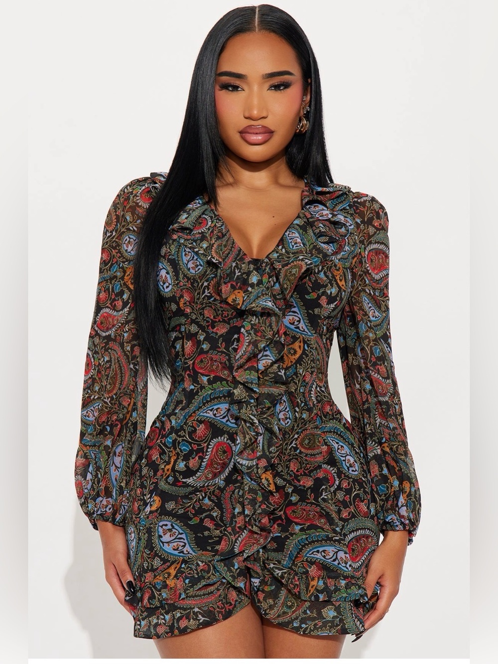 Fashion Nova Black Multi Paisley Ruffle V-Neck Long Sleeve Mini Dress